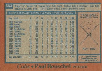 1978 Topps #663 Paul Reuschel Back