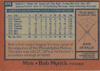 1978 Topps #676 Bob Myrick Back