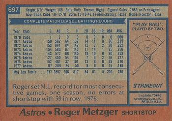 1978 Topps #697 Roger Metzger Back