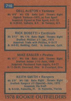 1978 Topps #710 1978 Rookie Outfielders (Dell Alston / Rick Bosetti / Mike Easler / Keith Smith) Back