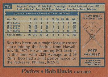 1978 Topps #713 Bob Davis Back