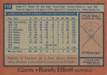 1978 Topps #719 Randy Elliott Back