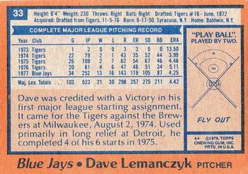 1978 Topps #33 Dave Lemanczyk Back