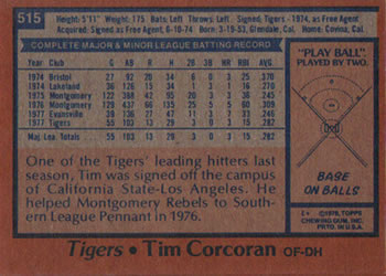 1978 Topps #515 Tim Corcoran Back