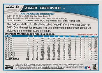 2013 Topps Los Angeles Dodgers #LAD9 Zack Greinke Back