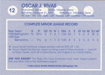 1989 Legoe Bellingham Mariners #12 Oscar Rivas Back