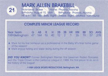 1989 Legoe Bellingham Mariners #21 Mark Brakebill Back