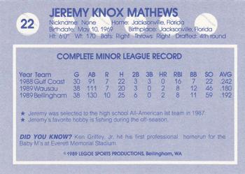 1989 Legoe Bellingham Mariners #22 Jeremy Mathews Back