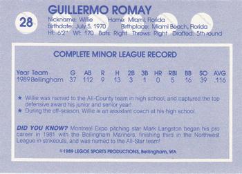 1989 Legoe Bellingham Mariners #28 Willie Romay Back