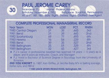 1989 Legoe Bellingham Mariners #30 P.J. Carey Back