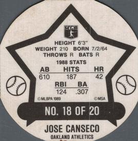 1989 Tetley Tea Discs #18 Jose Canseco Back