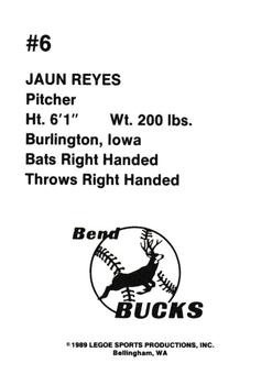 1989 Legoe Bend Bucks #6 Juan Reyes Back