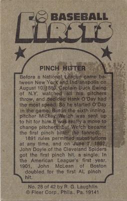 1976 Fleer Official Major League Patches - Baseball Firsts #28 Pinch Hitter Back