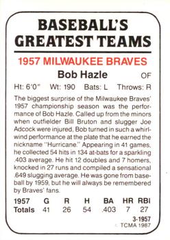 1987 TCMA 1957 Milwaukee Braves #3 Bob Hazle Back