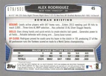 2013 Bowman - Blue #45 Alex Rodriguez Back