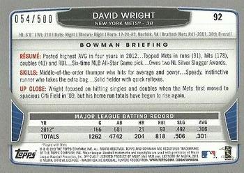 2013 Bowman - Blue #92 David Wright Back