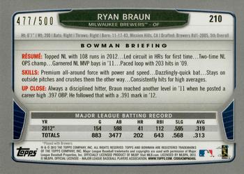 2013 Bowman - Blue #210 Ryan Braun Back