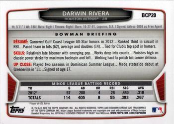 2013 Bowman - Chrome Prospects #BCP20 Darwin Rivera Back