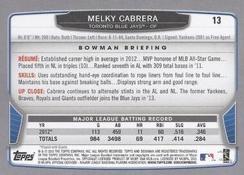 2013 Bowman - Hometown #13 Melky Cabrera Back