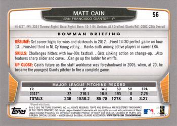 2013 Bowman - Hometown #56 Matt Cain Back