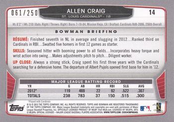 2013 Bowman - Orange #14 Allen Craig Back