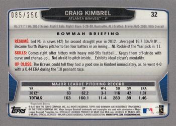 2013 Bowman - Orange #32 Craig Kimbrel Back