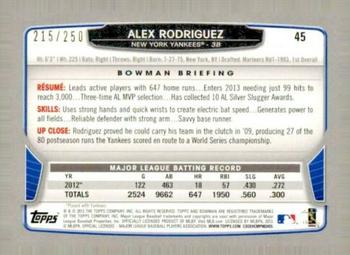 2013 Bowman - Orange #45 Alex Rodriguez Back