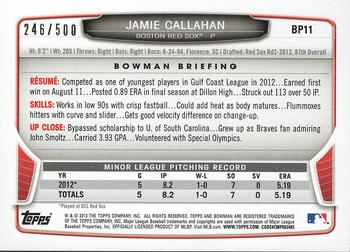 2013 Bowman - Prospects Blue #BP11 Jamie Callahan Back
