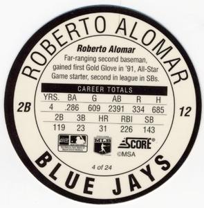 1992 Score Coca-Cola/Hardee's Major League Line-Up Discs #4 Roberto Alomar Back