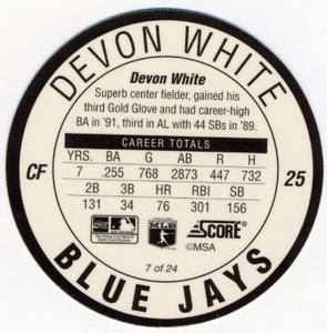 1992 Score Coca-Cola/Hardee's Major League Line-Up Discs #7 Devon White Back