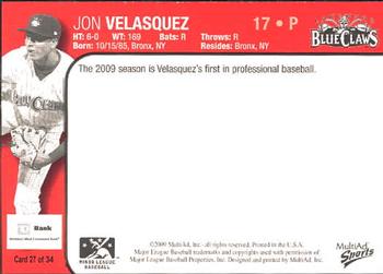 2009 MultiAd Lakewood BlueClaws #26 Jon Velasquez Back