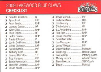 2009 MultiAd Lakewood BlueClaws SGA #34 Checklist Back