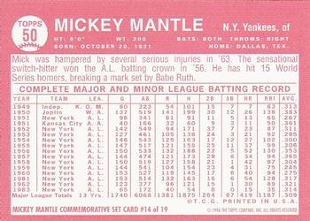1996 Topps - Mickey Mantle Commemorative Reprints #14 Mickey Mantle Back