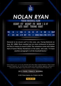 2013 Pinnacle #102 Nolan Ryan Back
