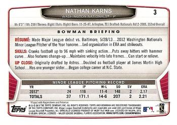 2013 Bowman Draft Picks & Prospects #3 Nathan Karns Back