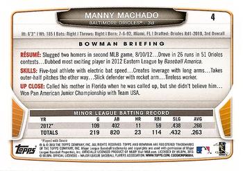 2013 Bowman Draft Picks & Prospects #4 Manny Machado Back