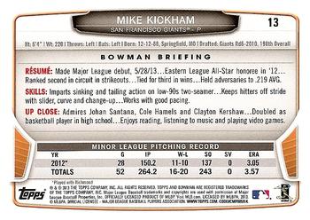 2013 Bowman Draft Picks & Prospects #13 Mike Kickham Back