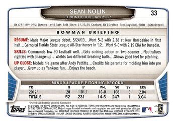 2013 Bowman Draft Picks & Prospects #33 Sean Nolin Back