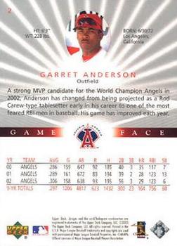 2003 Upper Deck Game Face #2 Garret Anderson Back