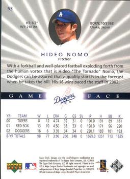 2003 Upper Deck Game Face #53 Hideo Nomo Back