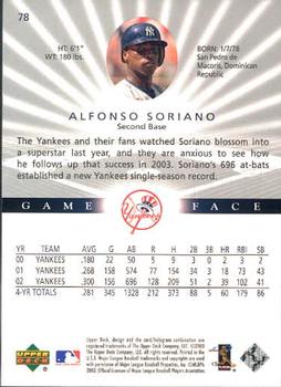 2003 Upper Deck Game Face #78 Alfonso Soriano Back