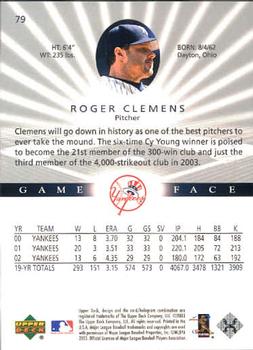 2003 Upper Deck Game Face #79 Roger Clemens Back