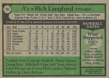 1979 Topps #29 Rick Langford Back