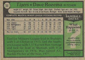 1979 Topps #33 Dave Rozema Back