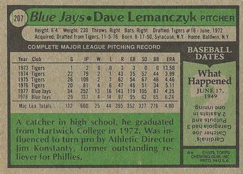 1979 Topps #207 Dave Lemanczyk Back