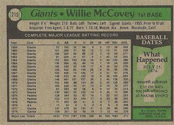 1979 Topps #215 Willie McCovey Back