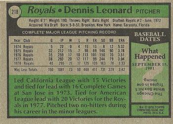 1979 Topps #218 Dennis Leonard Back
