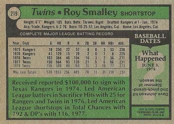 1979 Topps #219 Roy Smalley Back