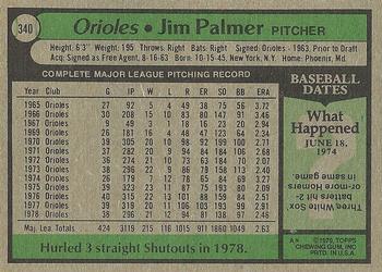 1979 Topps #340 Jim Palmer Back