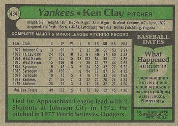 1979 Topps #434 Ken Clay Back